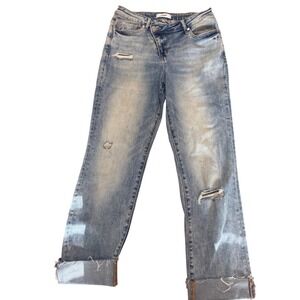 Ceros Distressed Straight Leg Jeans Light Wash Raw Hem Blue Denim‎ Size 28